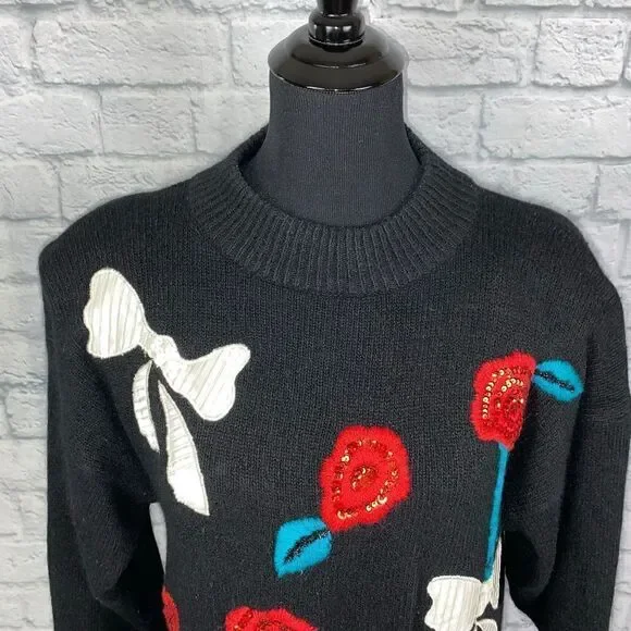 J.P. Val vintage 1980’s Longsleeve sequin accented flowers & bows sweater sz LG - Picture 3 of 11